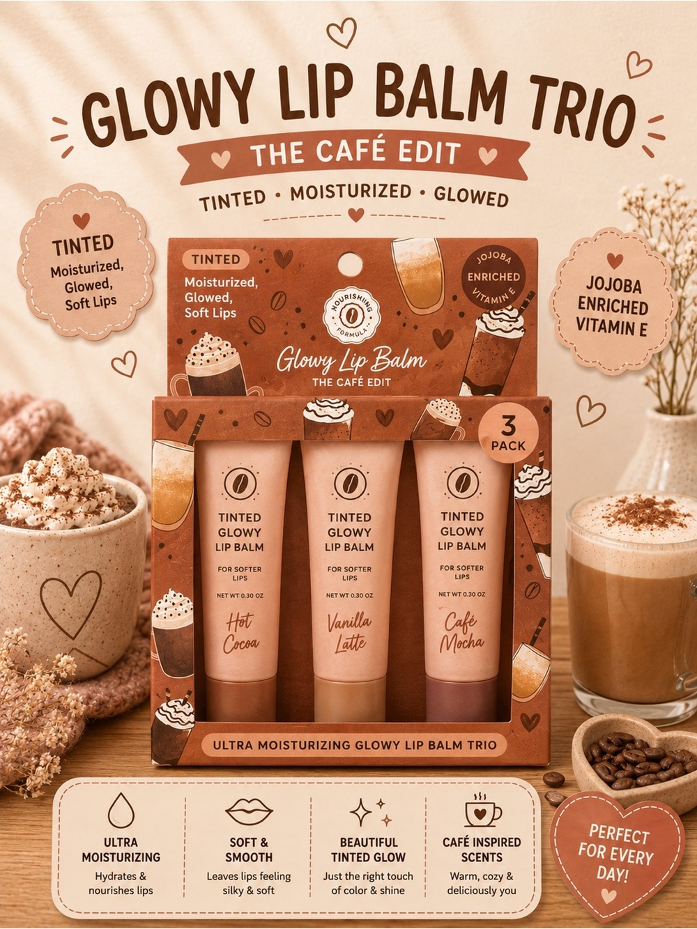 Glowy Lip Balm Trio - Tinted Vanilla Latte, Hot Cocoa & Café Mocha